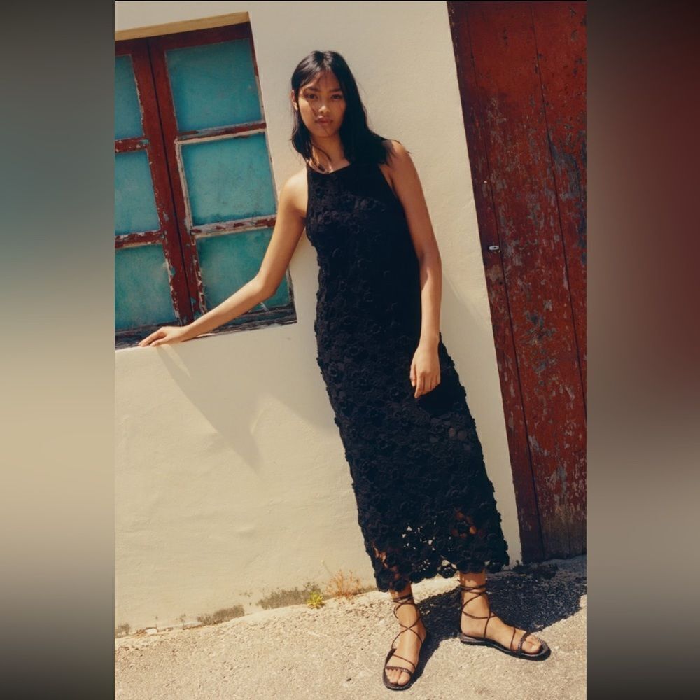 Zara Black Floral Crochet Midi Dress